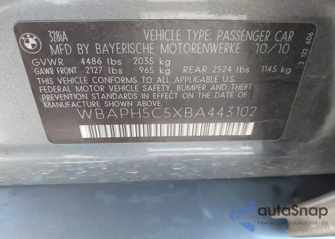 2011 BMW 328I z USA, uszkodzony, nr VIN WBAPH5C5XBA443102